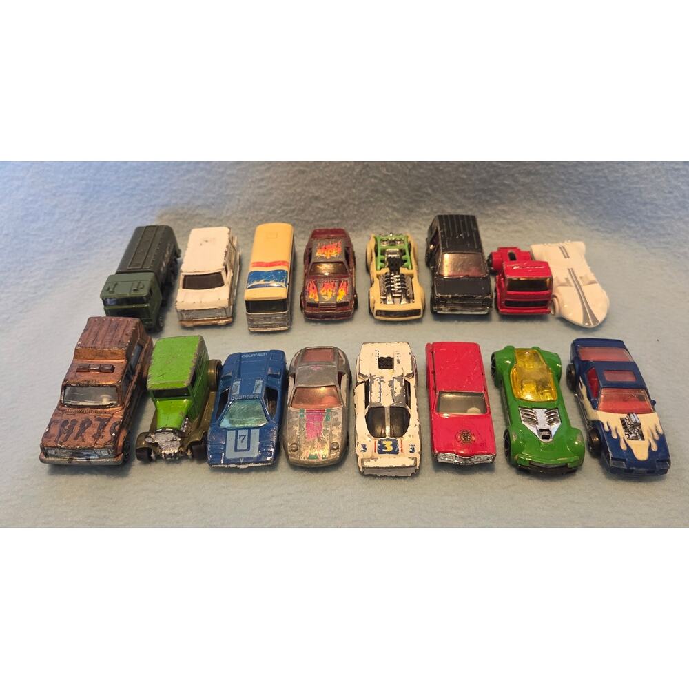 Lot 16 Vintage Diecast Toy Vehicles Cars Trucks w/ Play Wear Paint Loss